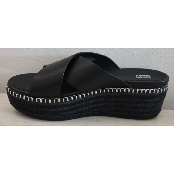 FitFlop Women's Sz 9 Black Eloise Espadrille Leather Wedge Cross Slides - Picture 10 of 15
